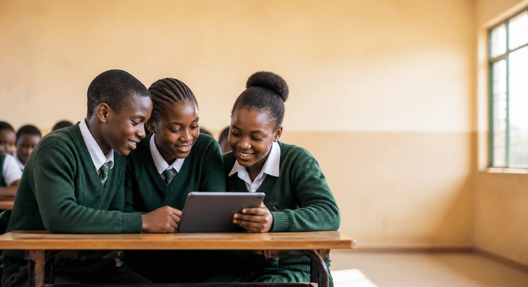 Secondary students collaborating with a tablet at school